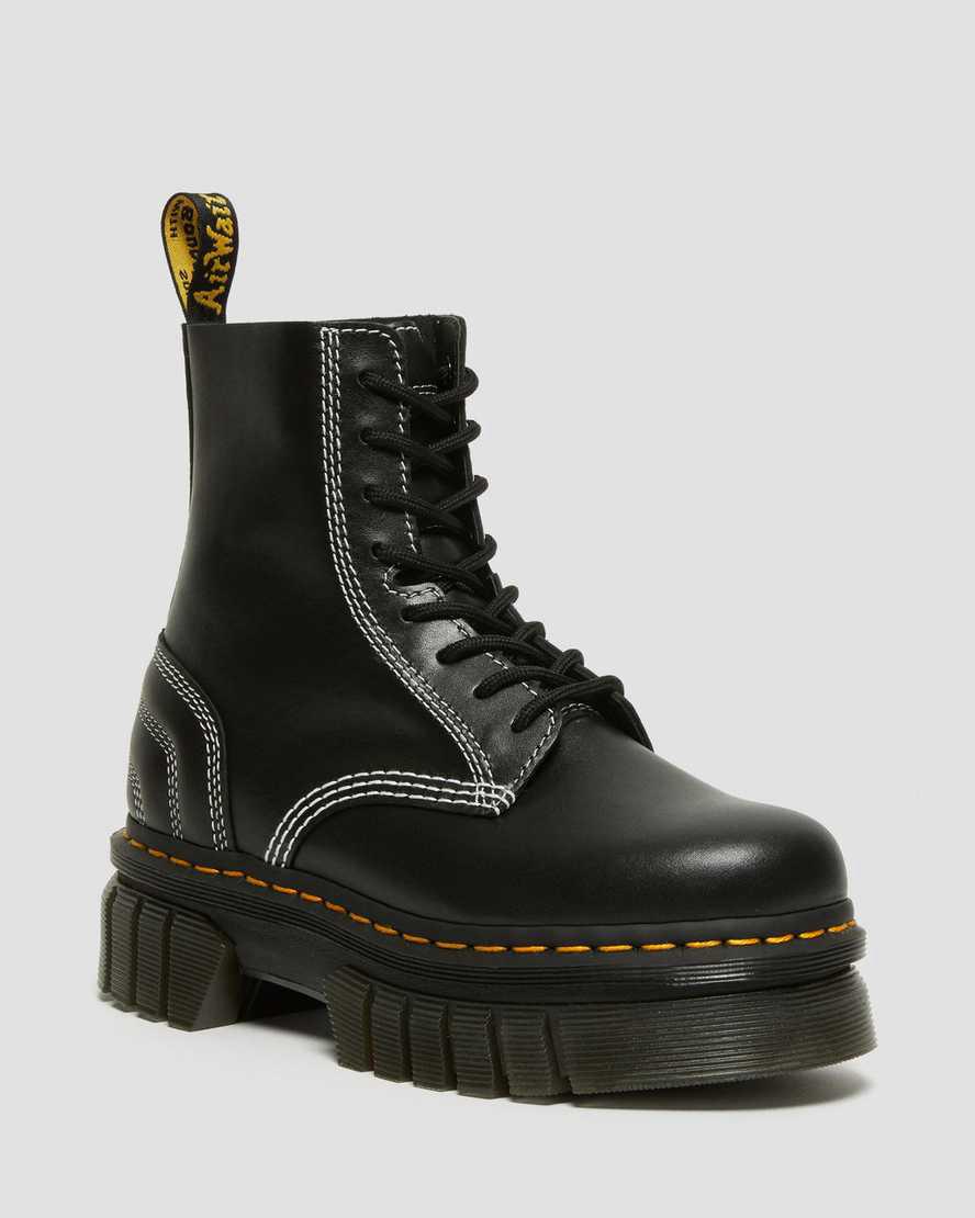 Dr Martens Audrick White Stitch Deri Dantel Up Kadın Kalın Taban Bot Siyah Türkiye | 85134-PEQZ