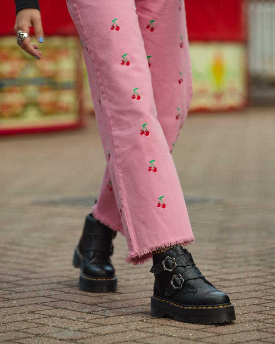 Dr Martens Devon Flower Tokalı Deri Kadın Kalın Taban Bot Siyah  Türkiye |  68054-GBPC
