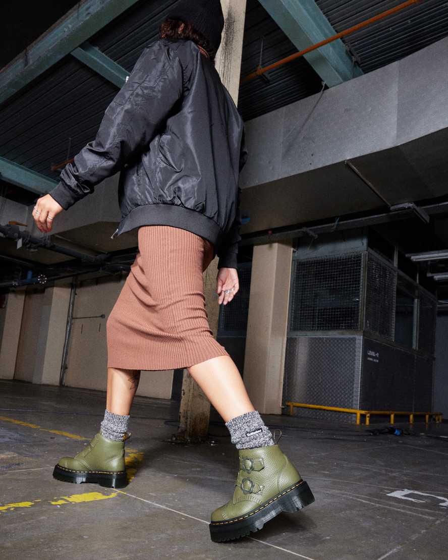 Dr Martens Devon Flower Tokalı Deri Kadın Kalın Taban Bot Haki Yeşil  Türkiye |  90123-LEMY