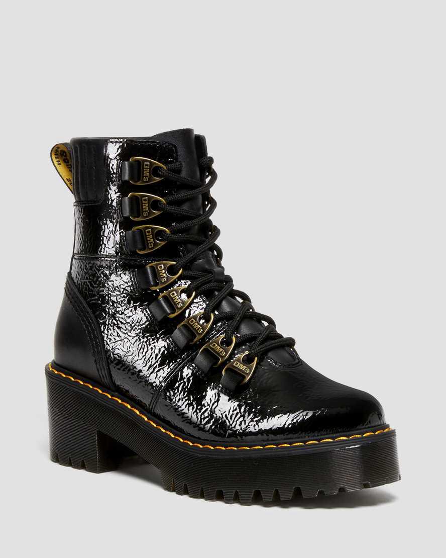 Dr Martens Laurenne Distressed Rugan Deri Dantel Up Heel Kadın Bilek Boy Bot Siyah  Türkiye |  61048-TLBO