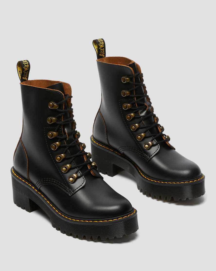 Dr Martens Leona Vintage Smooth Deri Kadın Topuklu Bot Siyah  Türkiye |  67243-UFBO